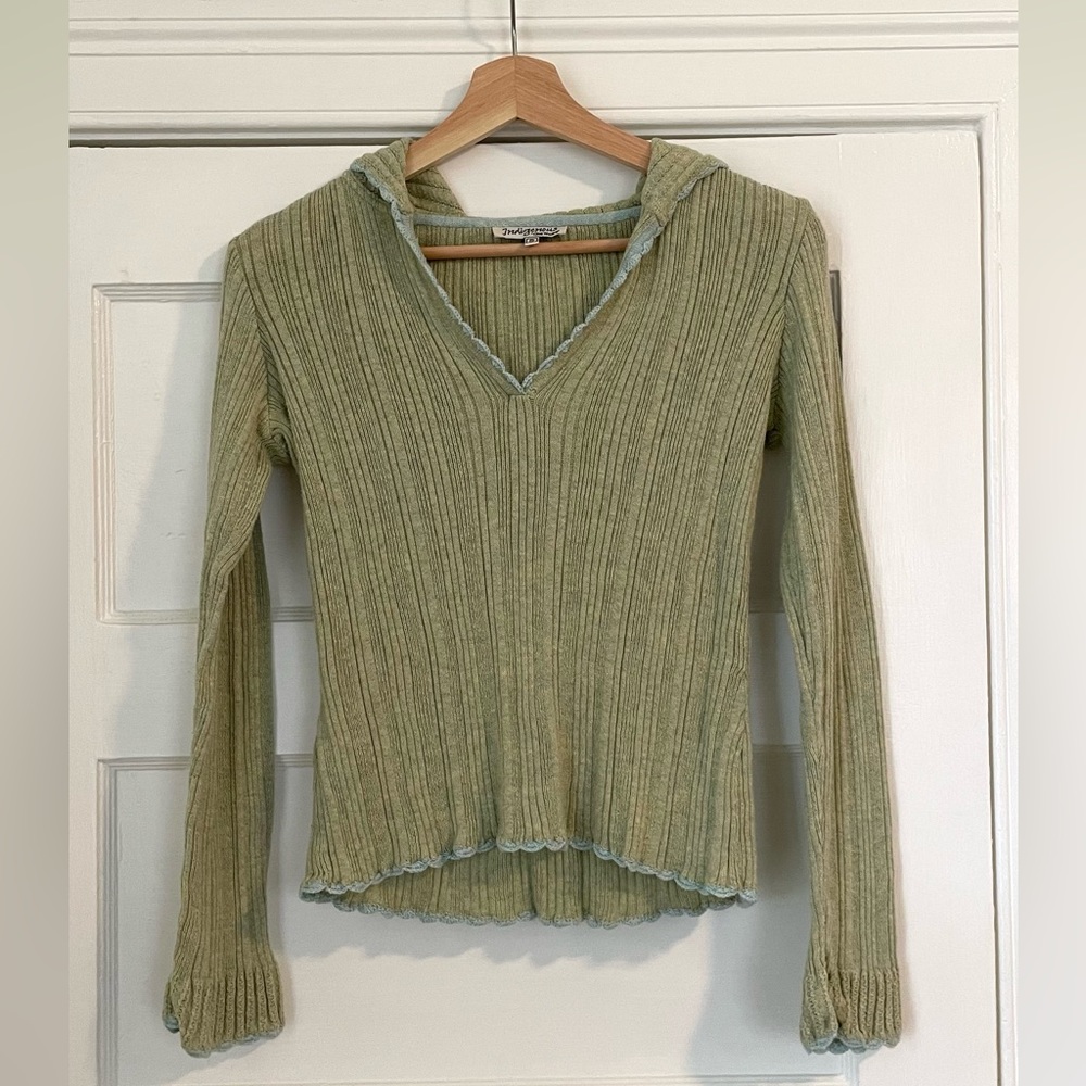 Indigenous One Weave Organic Cotton Knit Pullover Hoodie Green Blue Small